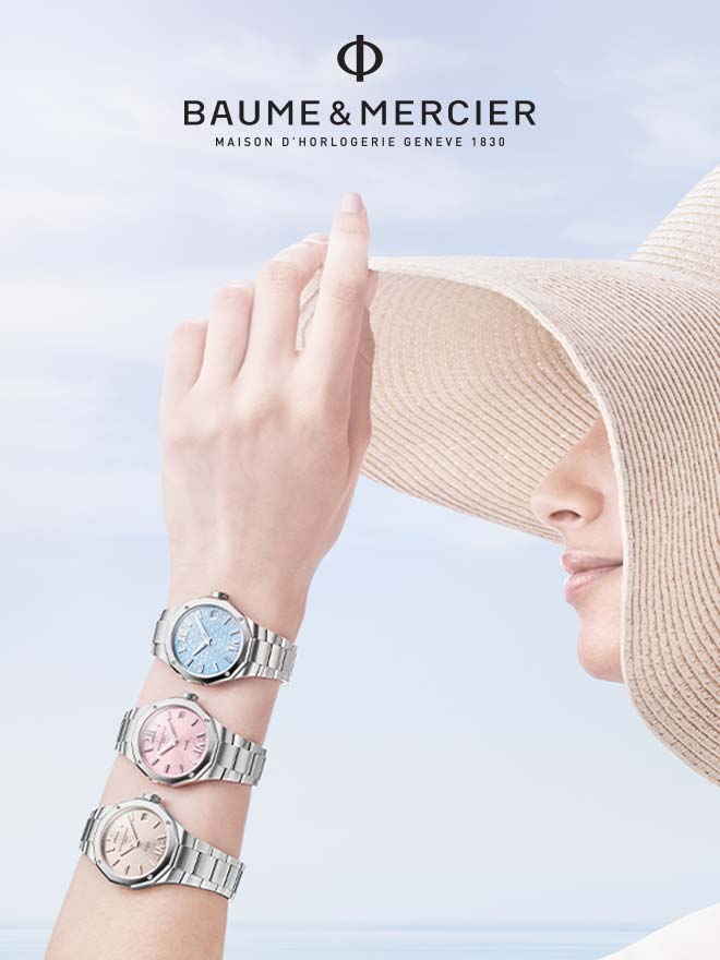 Three Baume & Mercier Riviera models and a woman in a straw sun hat