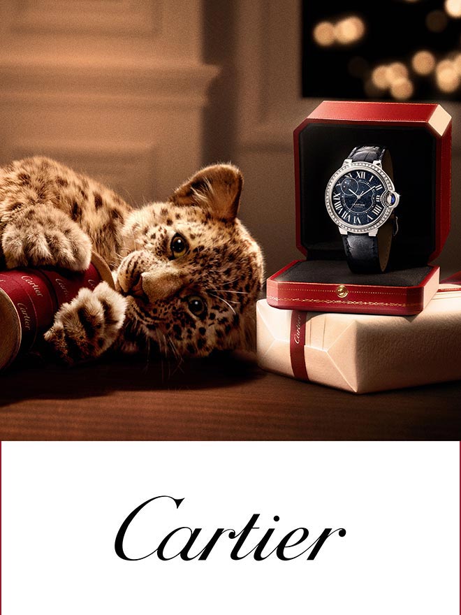 Ballon Bleu de Cartier in einer Box, Geschenkpaket und Baby-Leopard mit Cartier Geschenkbandrolle
