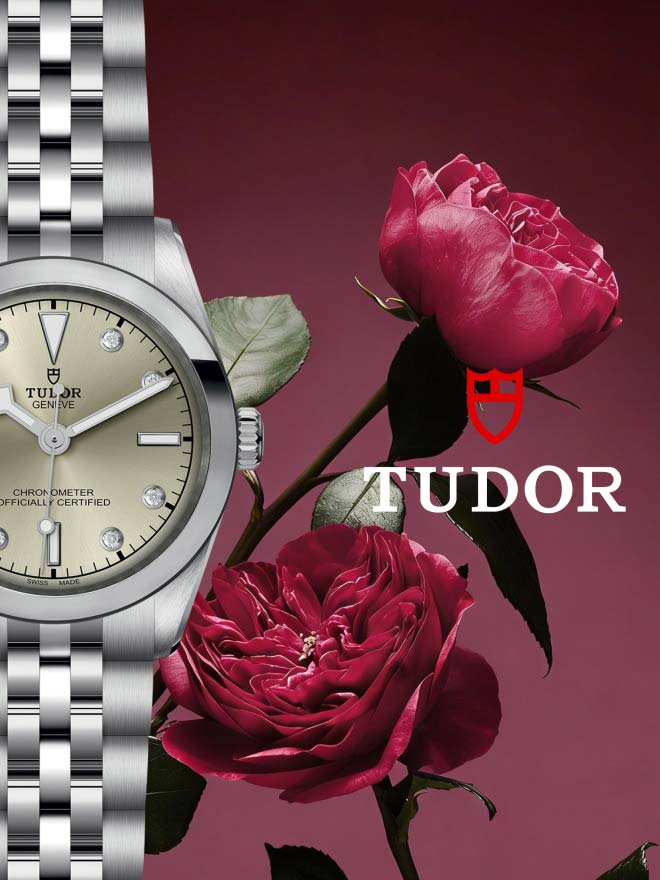 TUDOR Black Bay One vor einem violetten Hintergrund mit einer Rose