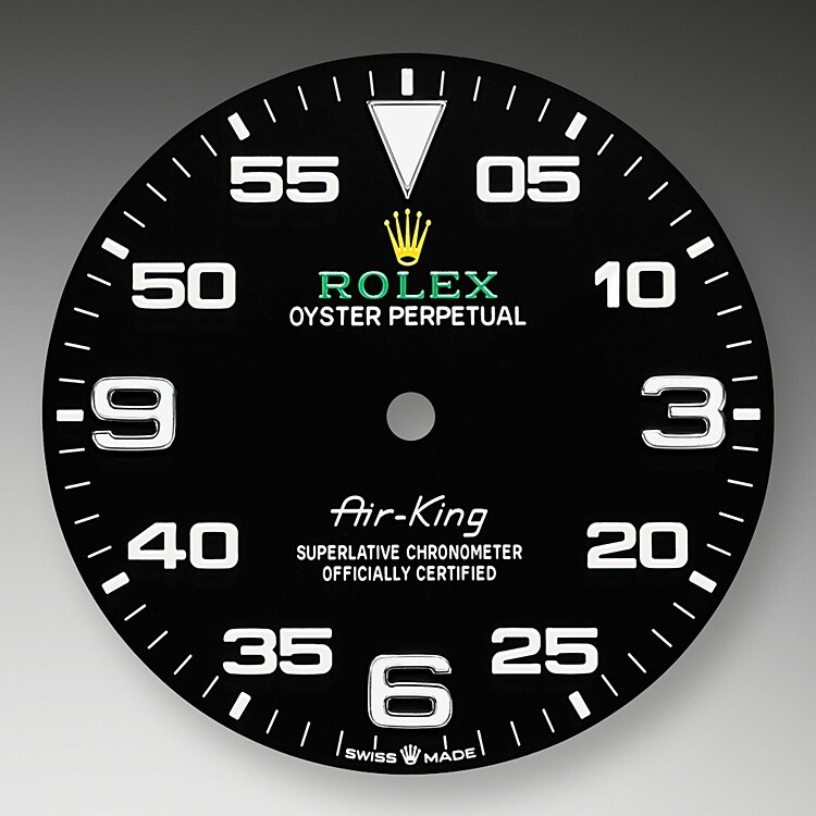 The Air-King dial features a distinctive black dial with a combination of large 3, 6 and 9 numerals marking the hours and a prominent minute scale for navigational time readings. It bears the name Air-King in the same lettering that was designed specially for the model in the 1950s.