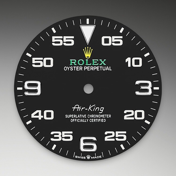The Air-King dial features a distinctive black dial with a combination of large 3, 6 and 9 numerals marking the hours and a prominent minute scale for navigational time readings. It bears the name Air-King in the same lettering that was designed specially for the model in the 1950s.