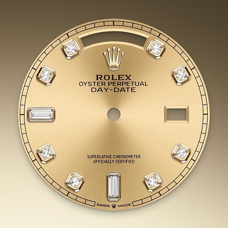 This dial features diamonds in 18 ct gold settings and baguette-cut diamonds at 6 and 9 o'clock. The sunray finish creates delicate light reflections on many dials in the Oyster Perpetual collection. It is obtained using masterful brushing techniques that create grooves running outwards from the centre of the dial. Light is diffused consistently along each engraving, creating a characteristic subtle glow that moves depending on the position of the wrist. Once the sunray finish has been completed, the dial colour is applied using Physical Vapour Deposition or electroplating. A light coat of varnish gives the dial its final look.