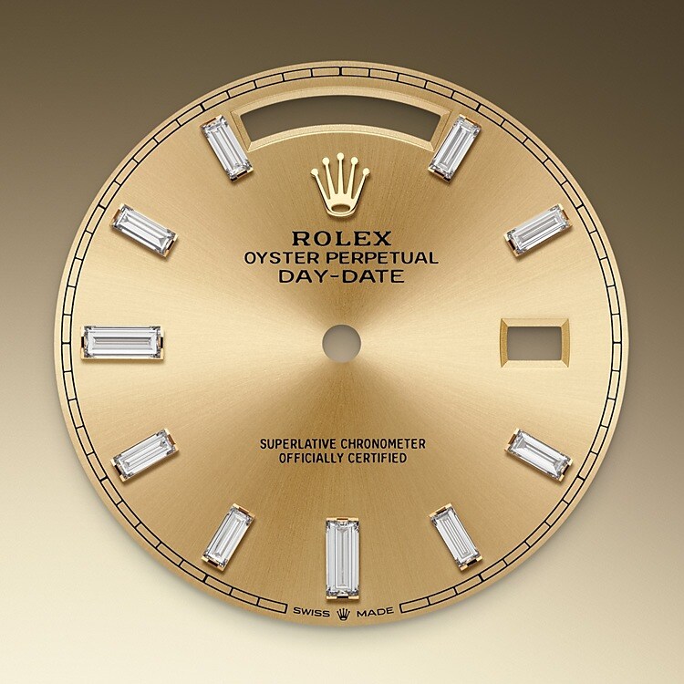This dial features 10 baguette-cut diamonds. The sunray finish creates delicate light reflections on many dials in the Oyster Perpetual collection. It is obtained using masterful brushing techniques that create grooves running outwards from the centre of the dial. Light is diffused consistently along each engraving, creating a characteristic subtle glow that moves depending on the position of the wrist. Once the sunray finish has been completed, the dial colour is applied using Physical Vapour Deposition or electroplating. A light coat of varnish gives the dial its final look.