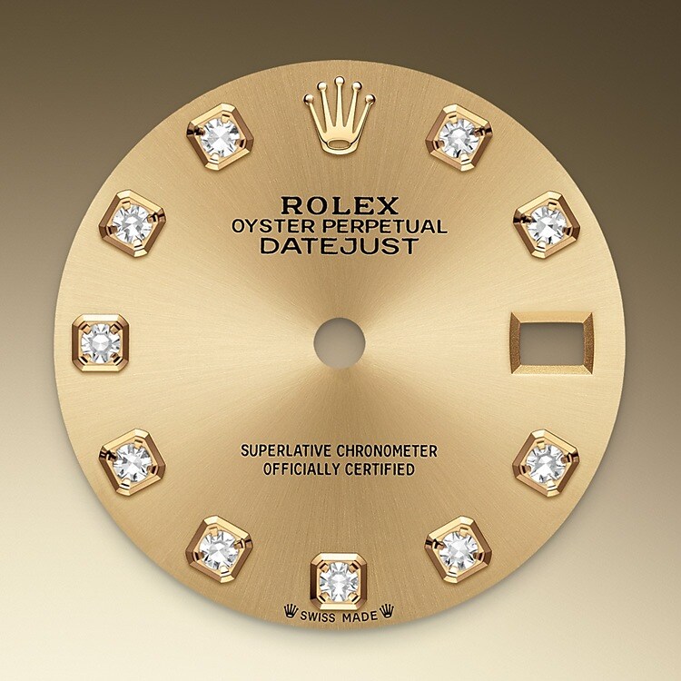 This dial features diamonds in 18 ct gold settings. The sunray finish creates delicate light reflections on many dials in the Oyster Perpetual collection. It is obtained using masterful brushing techniques that create grooves running outwards from the centre of the dial. Light is diffused consistently along each engraving, creating a characteristic subtle glow that moves depending on the position of the wrist. Once the sunray finish has been completed, the dial colour is applied using Physical Vapour Deposition or electroplating. A light coat of varnish gives the dial its final look.