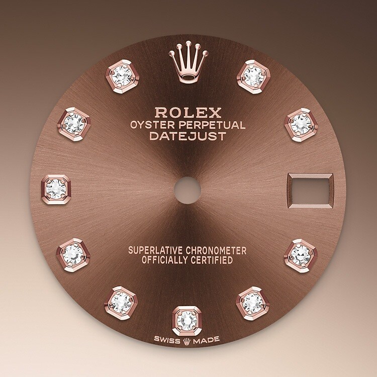 This dial features diamonds in 18 ct gold settings. The sunray finish creates delicate light reflections on many dials in the Oyster Perpetual collection. It is obtained using masterful brushing techniques that create grooves running outwards from the centre of the dial. Light is diffused consistently along each engraving, creating a characteristic subtle glow that moves depending on the position of the wrist. Once the sunray finish has been completed, the dial colour is applied using Physical Vapour Deposition or electroplating. A light coat of varnish gives the dial its final look.