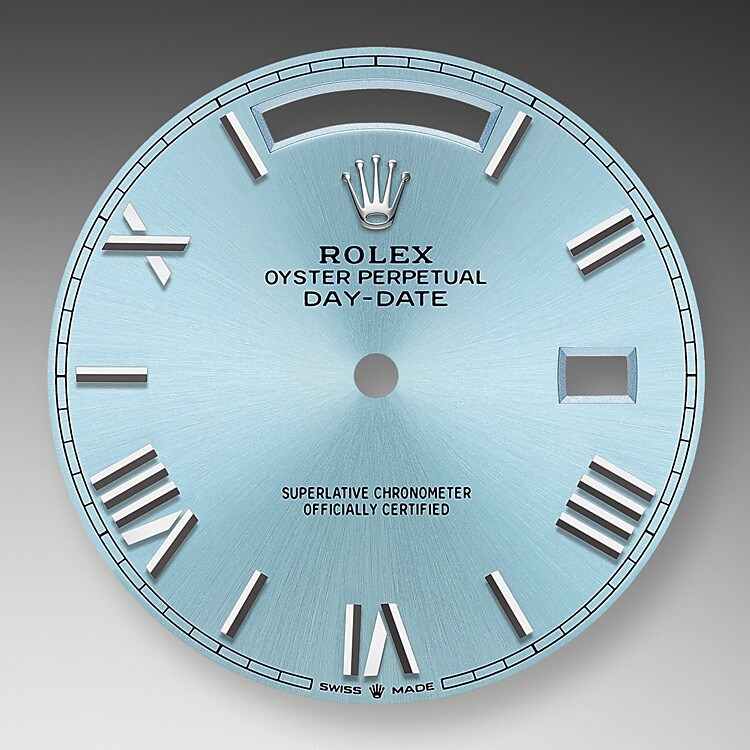 The ice-blue dial is the discreet and exclusive signature of a Rolex platinum watch. Rolex uses platinum, the noblest of metals, for the finest of watches. These exclusive dials can be found only on the Day-Date and the Cosmograph Daytona.