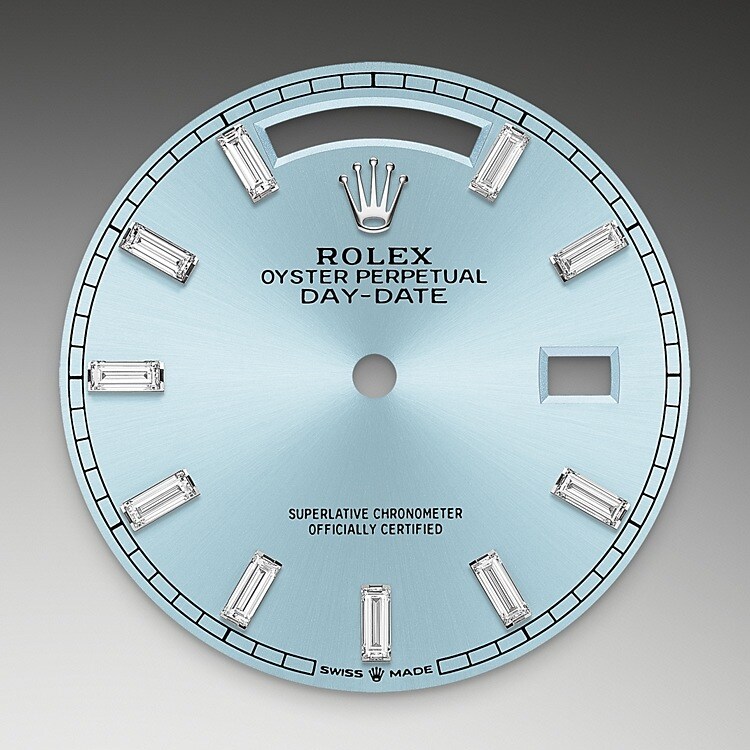 The ice-blue dial is the discreet and exclusive signature of a Rolex platinum watch. Rolex uses platinum, the noblest of metals, for the finest of watches. These exclusive dials can be found only on the Day-Date and the Cosmograph Daytona.