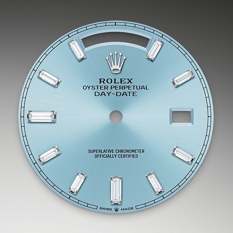 The ice-blue dial is the discreet and exclusive signature of a Rolex platinum watch. Rolex uses platinum, the noblest of metals, for the finest of watches. These exclusive dials can be found only on the Day-Date and the Cosmograph Daytona.