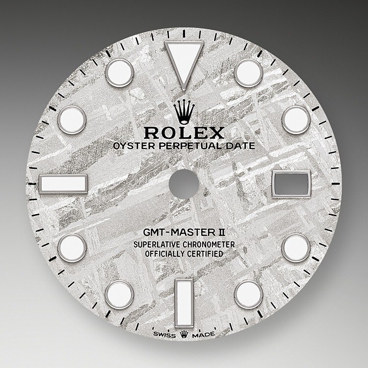 This model is the only GMT-Master II with a meteorite dial. Meteorite comes from the heart of an asteroid or possibly even a planet that has exploded, propelling material across the Solar System until chance brings it into our planet’s orbit and gravity pulls it to Earth. During its journey, the centre of the meteorite is gradually transformed, producing highly unusual metallic patterns, resulting from the very slow cooling of molten asteroid cores. The designers at Rolex create from these configurations a unique treasure for some of the most prestigious models, including this GMT-Master II.