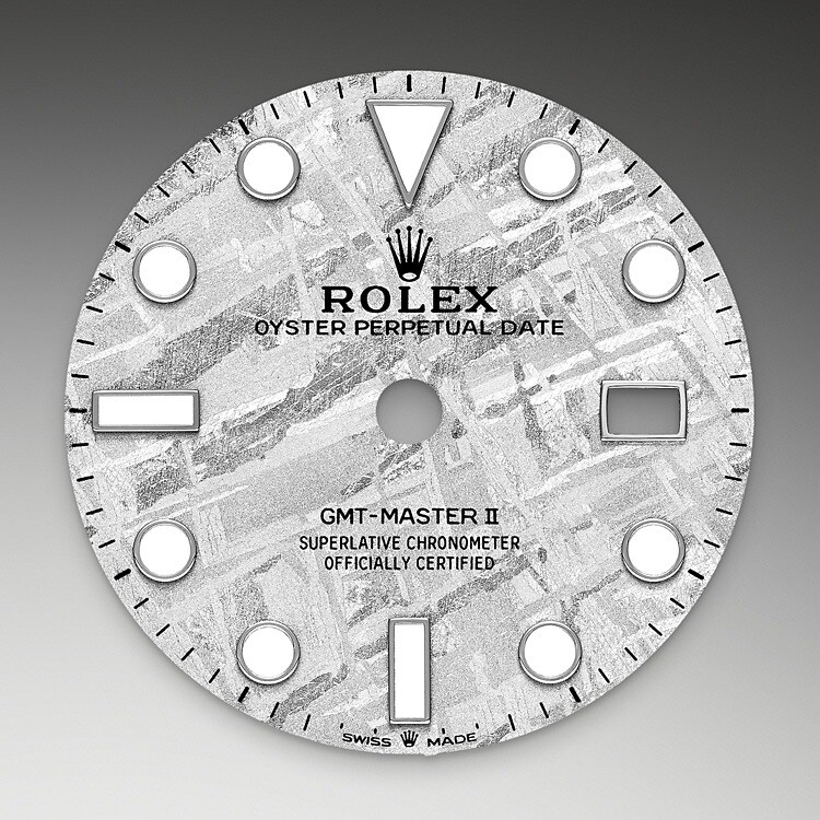 This model is the only GMT-Master II with a meteorite dial. Meteorite comes from the heart of an asteroid or possibly even a planet that has exploded, propelling material across the Solar System until chance brings it into our planet’s orbit and gravity pulls it to Earth. During its journey, the centre of the meteorite is gradually transformed, producing highly unusual metallic patterns, resulting from the very slow cooling of molten asteroid cores. The designers at Rolex create from these configurations a unique treasure for some of the most prestigious models, including this GMT-Master II.