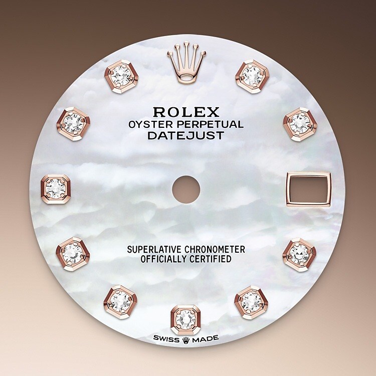 This dial features diamonds in 18 ct gold settings. Mother-of-pearl is by its nature full of mystery and surprises. Depending on its origin, it can be pink, white, black or yellow. It differs in colour, intensity and structure according to the part of the shell from which it is extracted. At Rolex, mother-of-pearl is never artificially coloured. Instead, particular know-how and skill are devoted to simply highlighting its natural beauty and preserving the original hues. As all mother-of-pearl dials are unique pieces, an identical dial will never be found on another wrist.