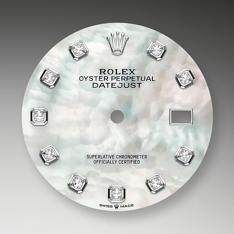 Mother-of-pearl is by its nature full of mystery and surprises. Depending on its origin, it can be pink, white, black or yellow. It differs in colour, intensity and structure according to the part of the shell from which it is extracted. At Rolex, mother-of-pearl is never artificially coloured. Instead, particular know-how and skill are devoted to simply highlighting its natural beauty and preserving the original hues. As all mother-of-pearl dials are unique pieces, an identical dial will never be found on another wrist.