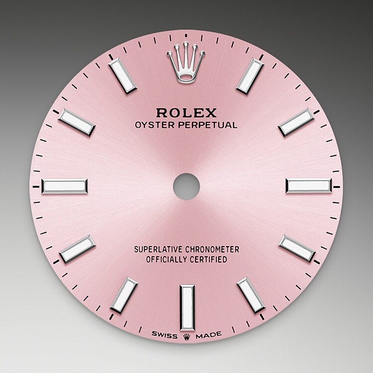 The sunray finish creates delicate light reflections on many dials in the Oyster Perpetual collection. It is obtained using masterful brushing techniques that create grooves running outwards from the centre of the dial. Light is diffused consistently along each engraving, creating a characteristic subtle glow that moves depending on the position of the wrist. Once the sunray finish has been completed, the dial colour is applied using Physical Vapour Deposition or electroplating. A light coat of varnish gives the dial its final look.