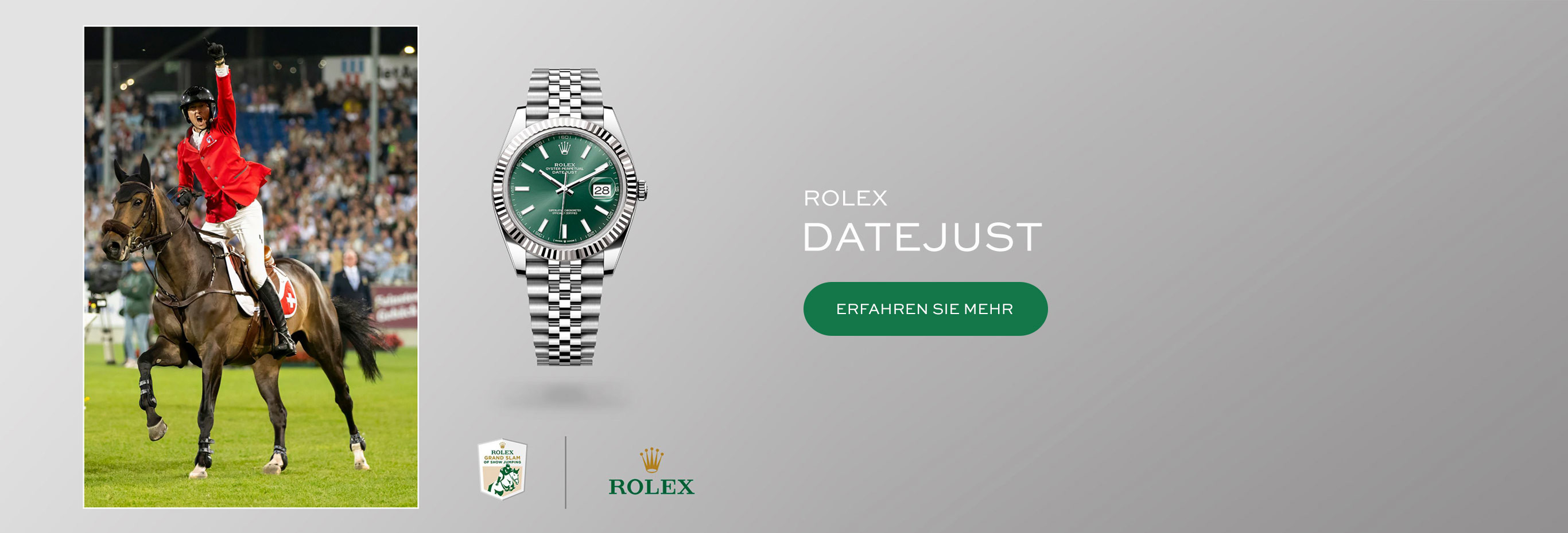 Rolex Datejust vor einem grauen Hintergrund neben einem Bild mit jubelndem Springreiter