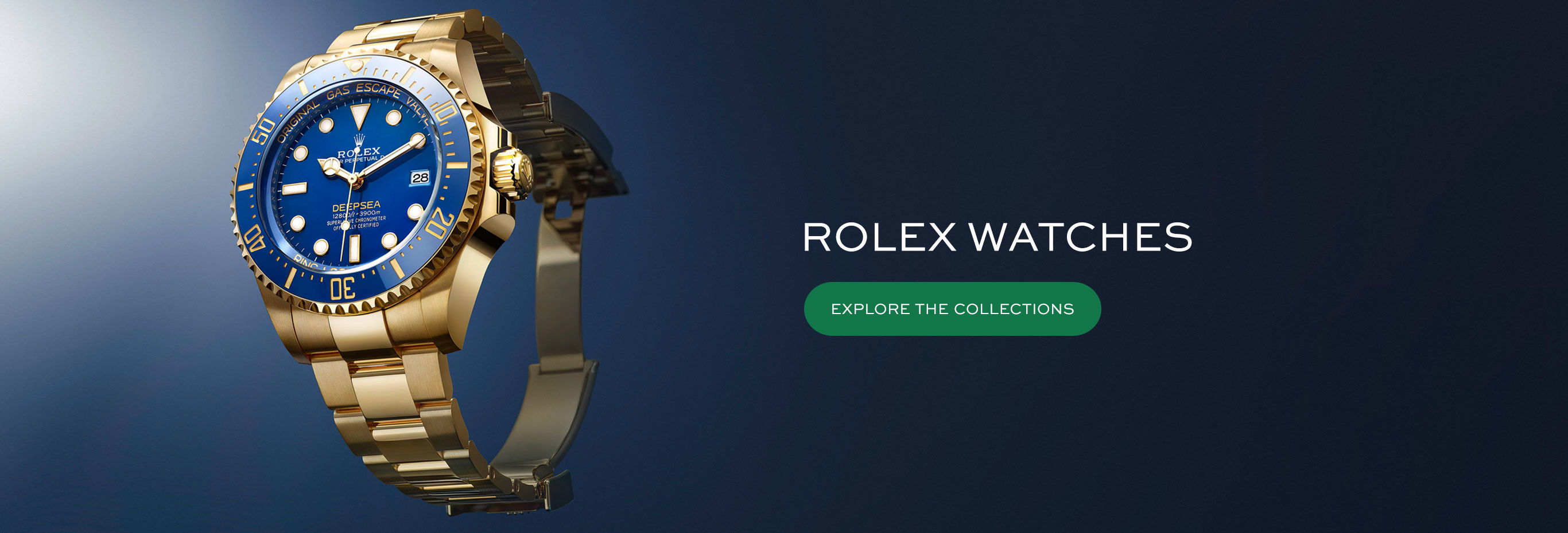 Rolex Deepsea in yellow gold against a blue gradient