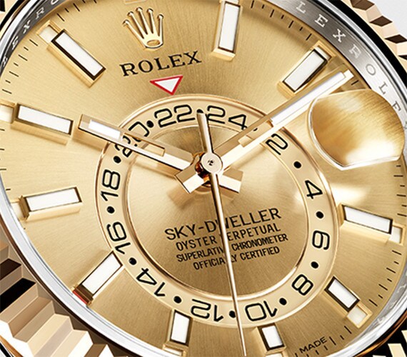 Zwei Zeitzonen auf dem Zifferblatt der Rolex Sky-Dweller