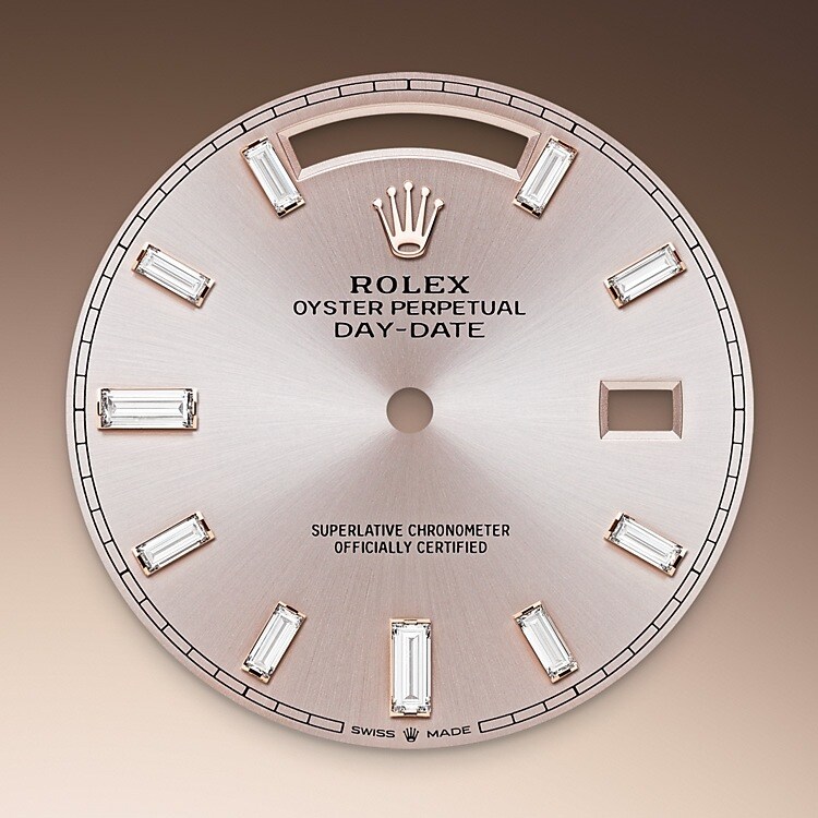 This dial features 10 baguette-cut diamonds. The sunray finish creates delicate light reflections on many dials in the Oyster Perpetual collection. It is obtained using masterful brushing techniques that create grooves running outwards from the centre of the dial. Light is diffused consistently along each engraving, creating a characteristic subtle glow that moves depending on the position of the wrist. Once the sunray finish has been completed, the dial colour is applied using Physical Vapour Deposition or electroplating. A light coat of varnish gives the dial its final look.