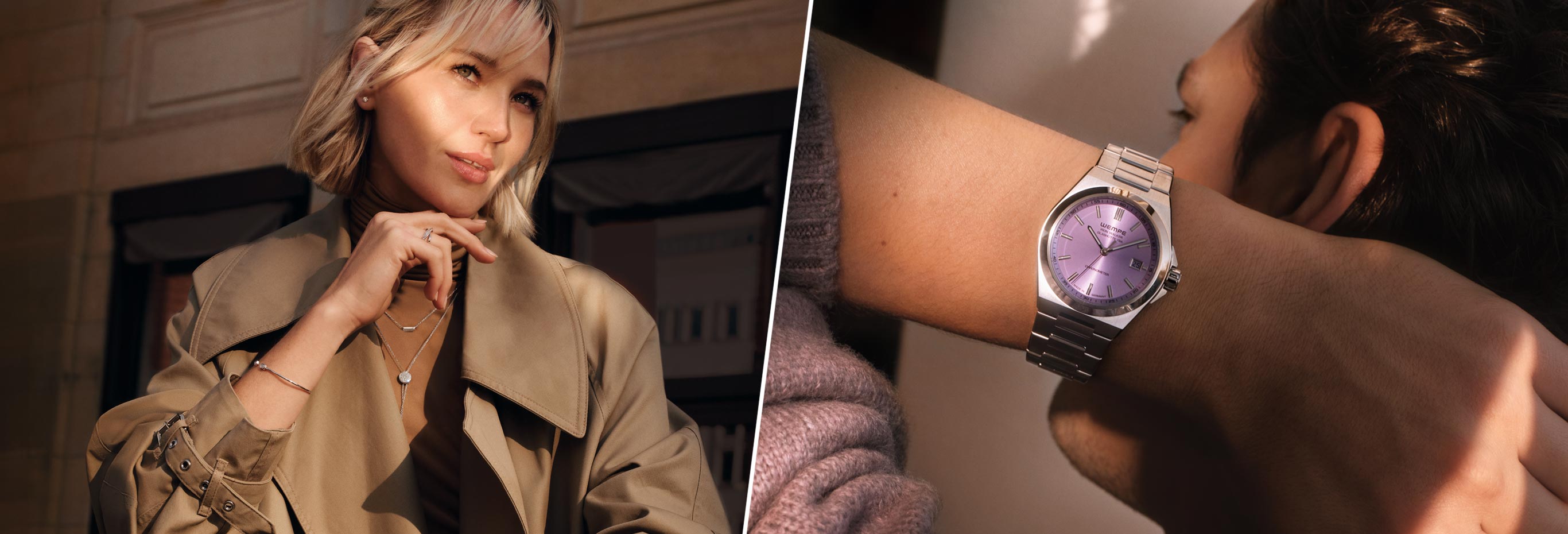 Blonde woman in a trench coat stands in front of a store in the sunlight wearing trendy Wempe jewelry; man grabs the back of his head. On his wrist is a Wempe Iron Walker Automatic with a purple dial;